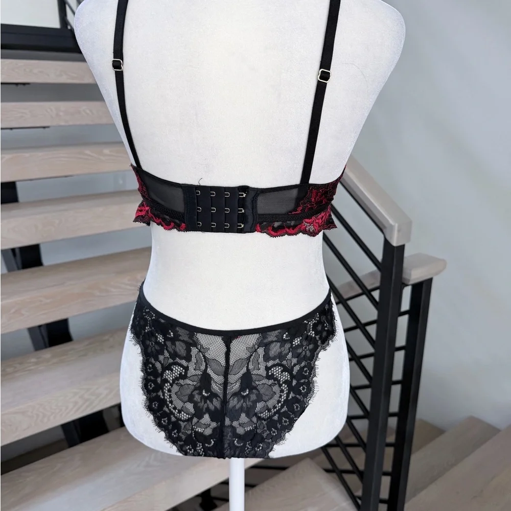 Lace Plunge Bralette & Lace Brief Set - Black with Red Floral Accents size S